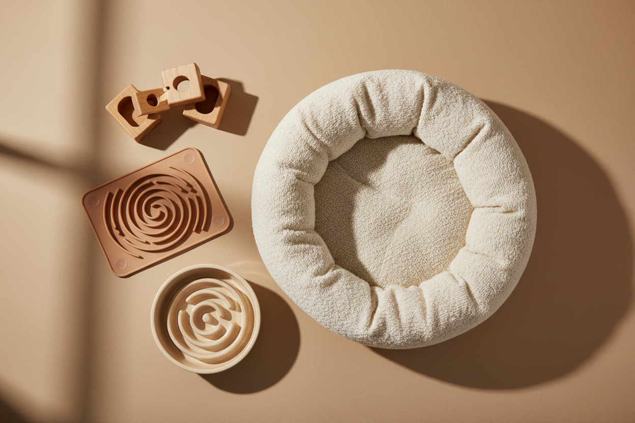 Calming dog products flat lay